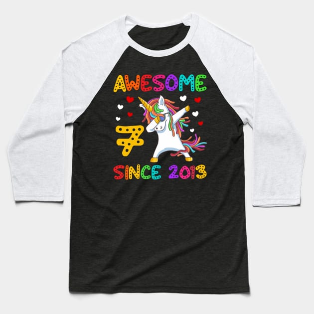 Awesome Since 2013 Dabbing Unicorn 7th Birthday Gift Baseball T-Shirt by Albatross